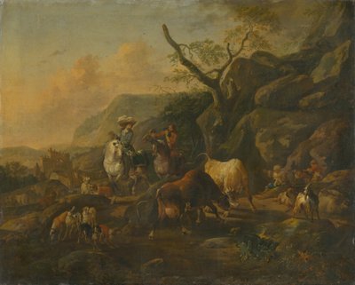 Landschap met jagers door Johann Heinrich Roos